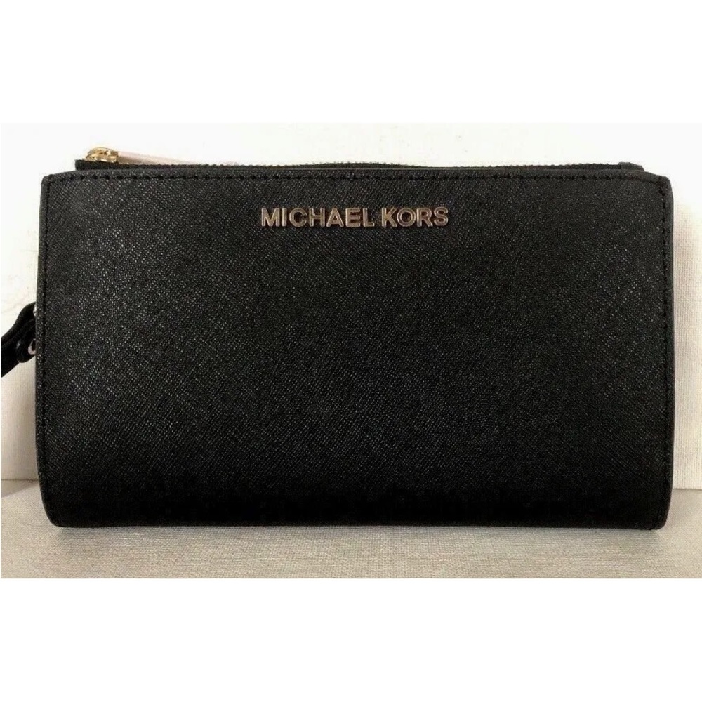 New Michael Kors Jet Set Travel Double zip wristlet Leather wallet Black / Gold